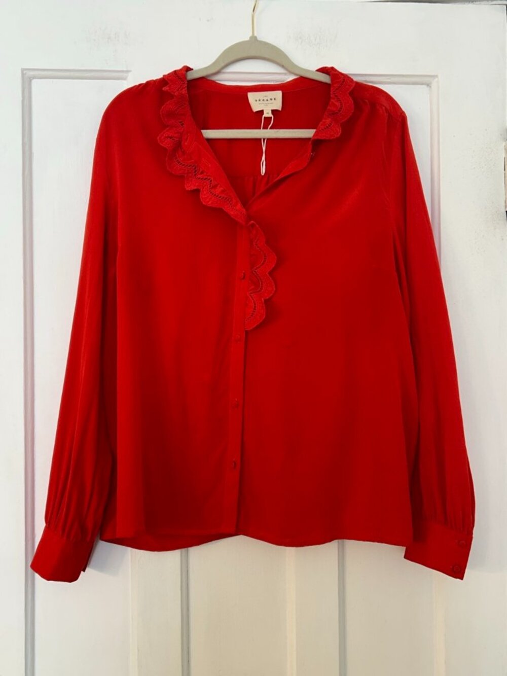 Sézane Red Silk Blouse Size 46 Ruffle Lace Collar Long Sleeve Paris